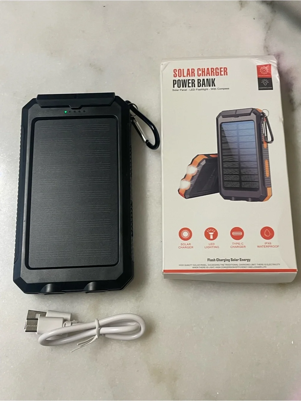 Rugged Solar Power Bank Charger with LED Flashlight - Black & Orange